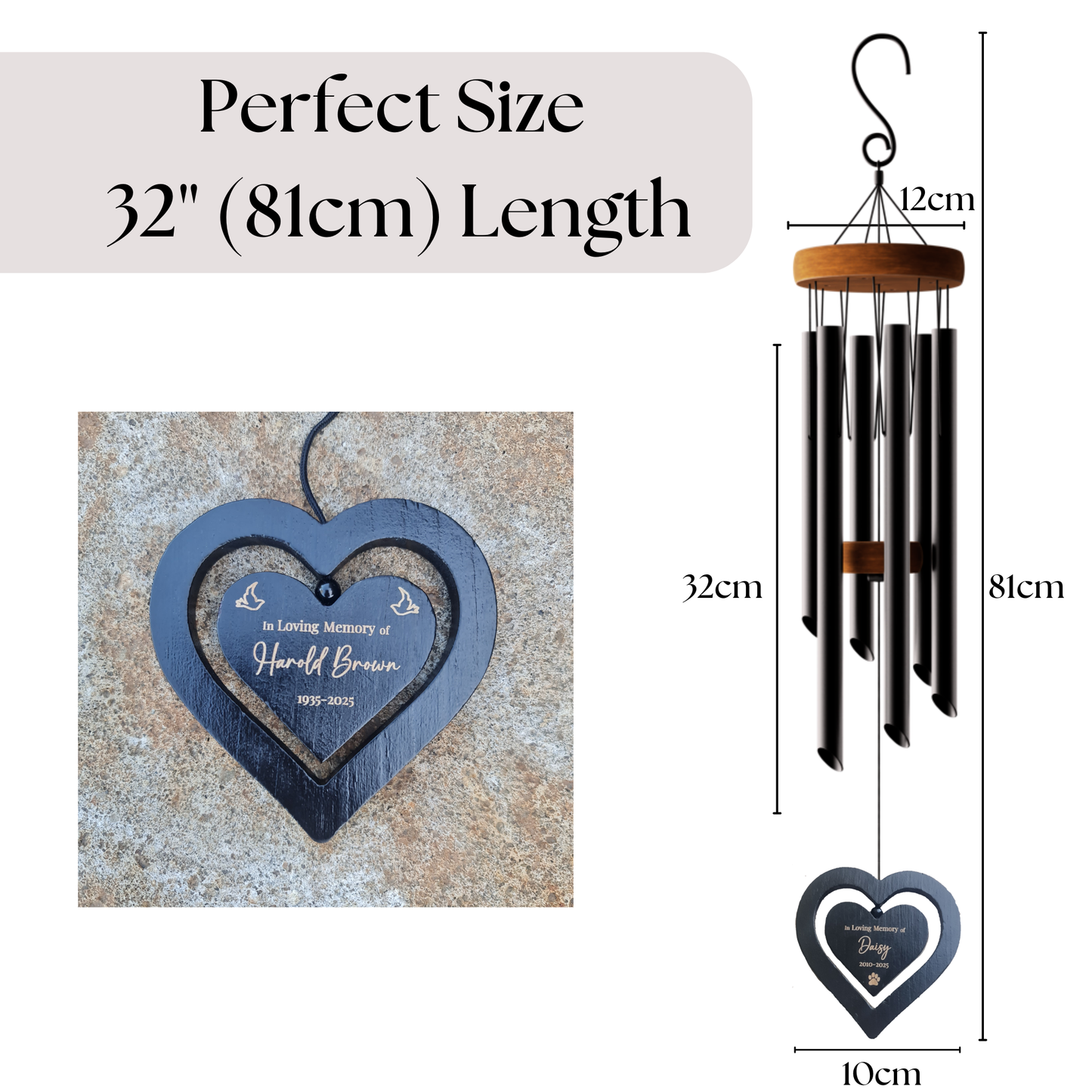 Personalised Memorial Wind Chime – Engraved Spinning Heart, Sympathy Gift