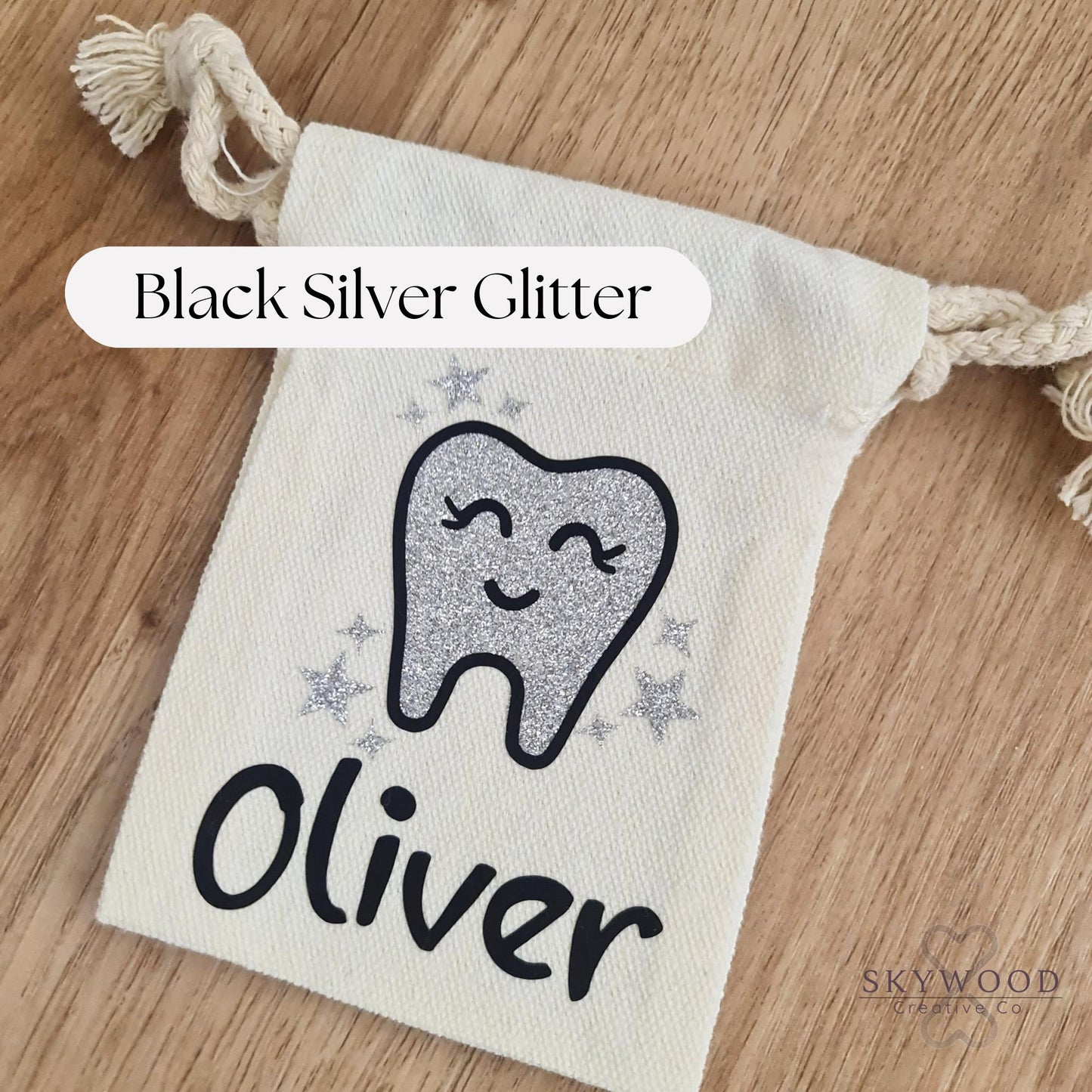 Personalised Tooth Fairy Bag – Sparkly Silver Glitter