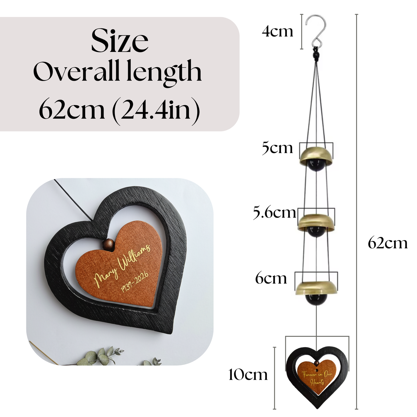 Personalised Memorial Bell Wind Chime | Japanese Pagoda with Spinning Heart