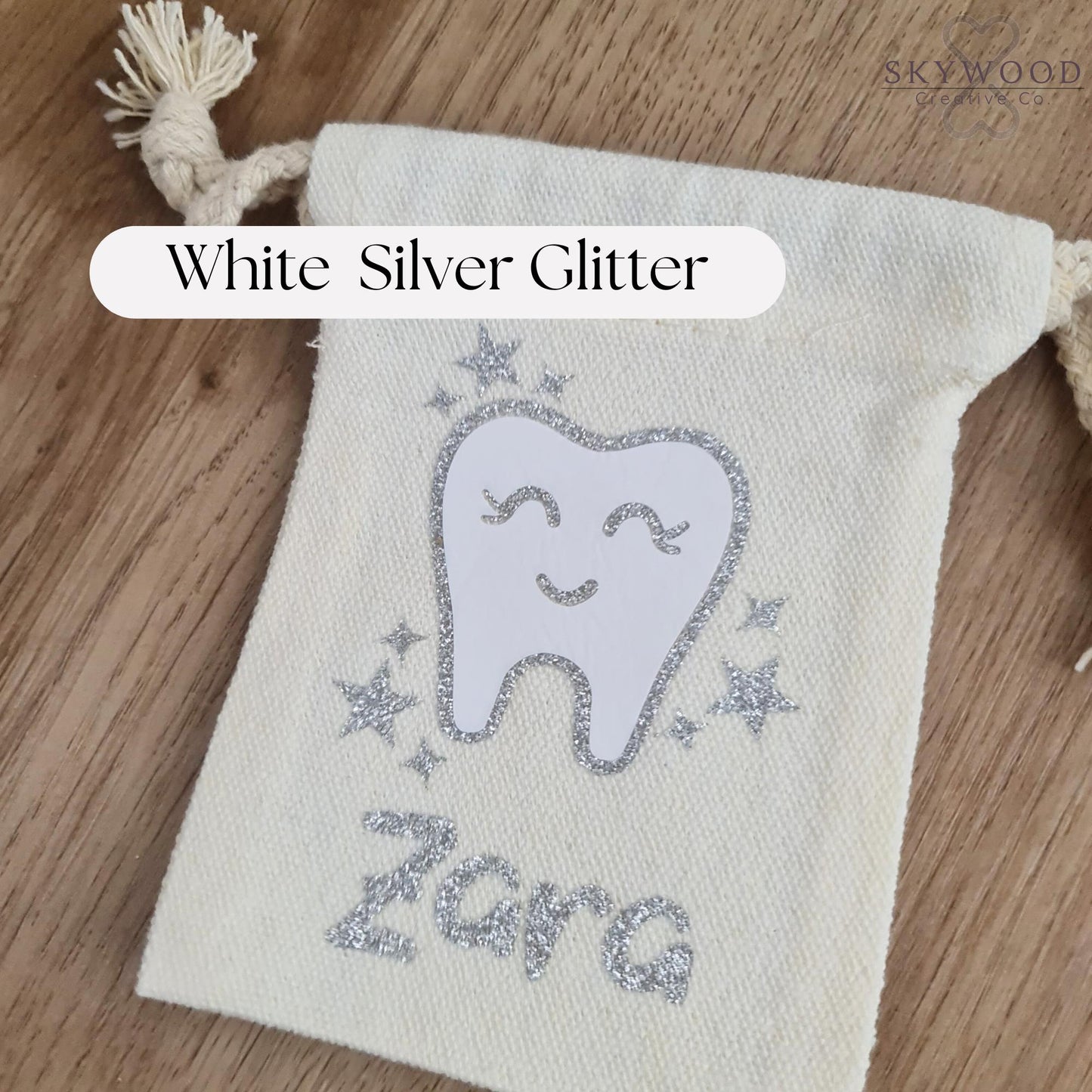 Personalised Tooth Fairy Bag – Sparkly Silver Glitter