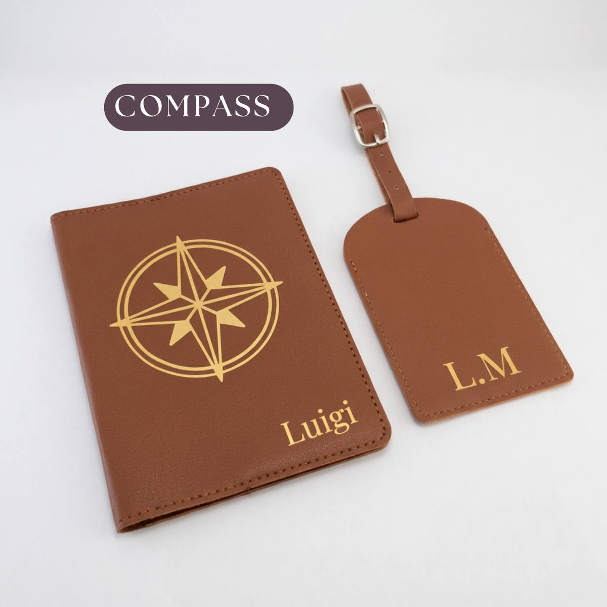 Brown passport organiser with gold compass design and name Luigi, with matching luggage tag personalised with initials LM.