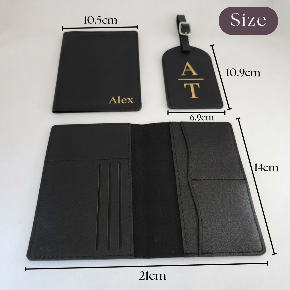 Passport organiser measures 10.5 × 14 cm closed and 21 × 14 cm open; luggage tag measures 6.9 × 10.9 cm excluding strap.