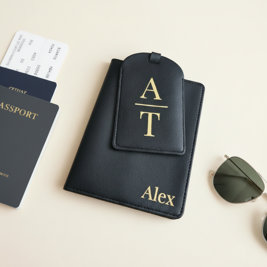 Black personalised passport organiser and matching luggage tag with gold name and initials, styled with travel essentials.