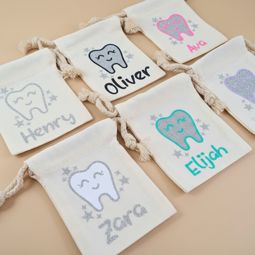 Tooth fairy pouches with beige background